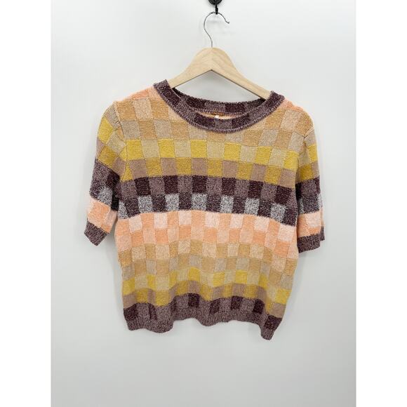 Free People Geometric Short Sleeve Chenille Sweater 60s Disco Rave Women Small - Picture 1 of 9